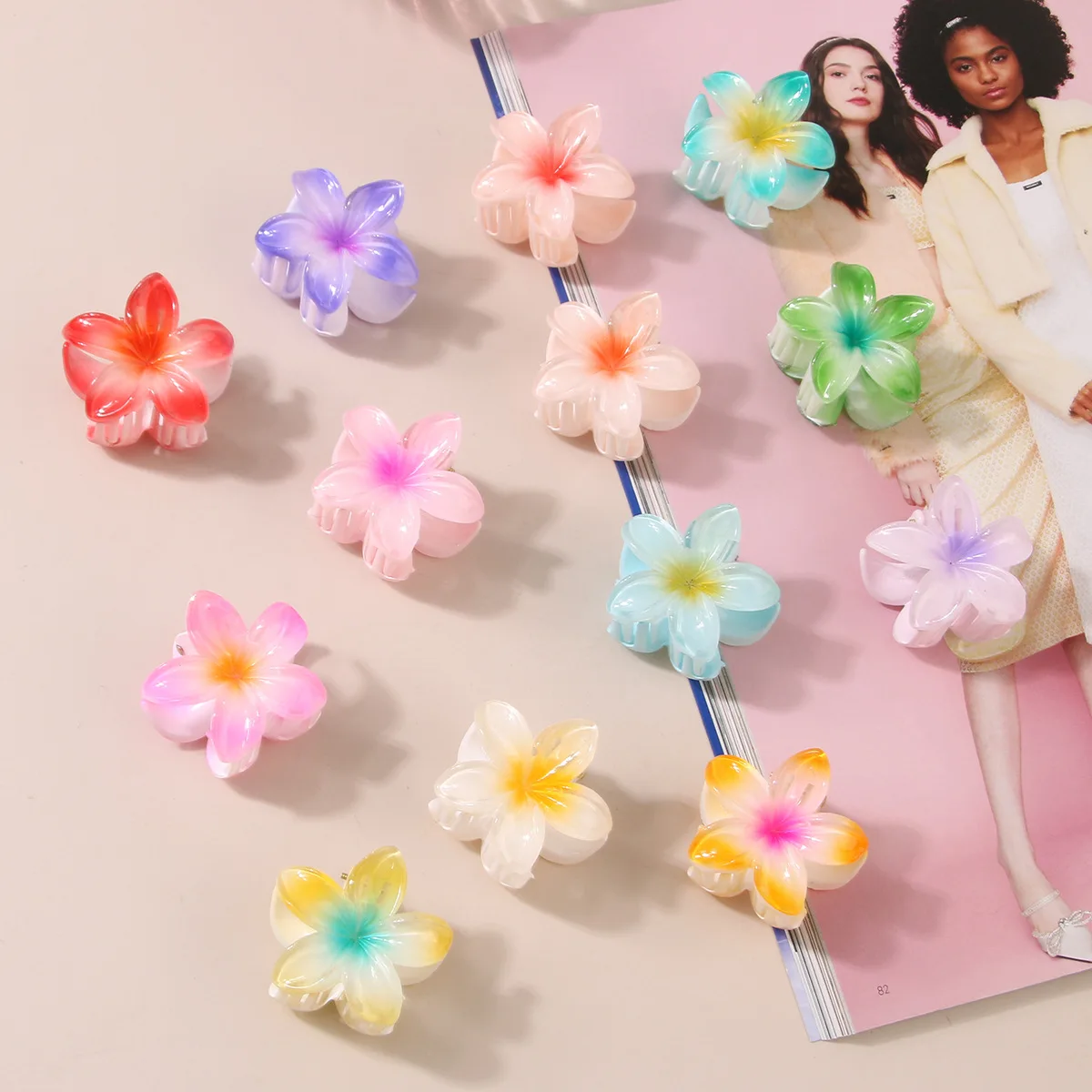 

4CM Women Plastic Barrettes Sweet And Cute Plumeria Flower Shape Hairpin Shark Clip Hair Accessories Solid Gradient Style