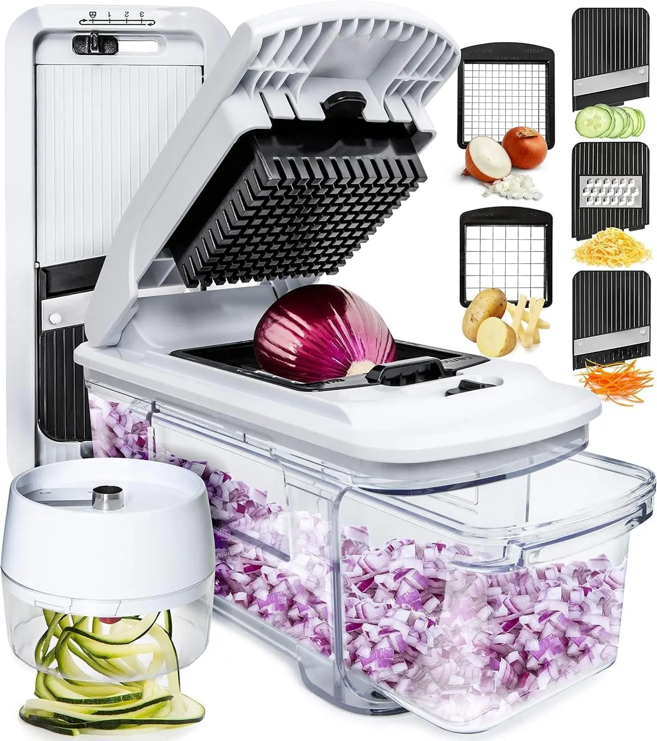 

6-in-1 Vegetable Chopper with Container - Mandoline Slicer, Grater, Dicer for Kitchen Essentials (Black/White)