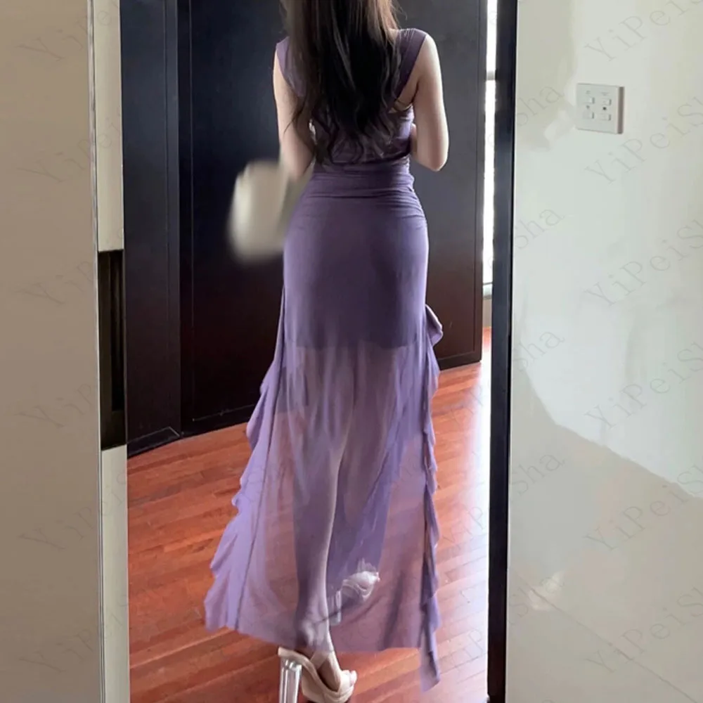 Vestidos de fiesta rectos personalizados hasta el tobillo, vestido de noche sin mangas con cuello cuadrado, vestido de fiesta con abertura lateral drapeado a la moda Simple