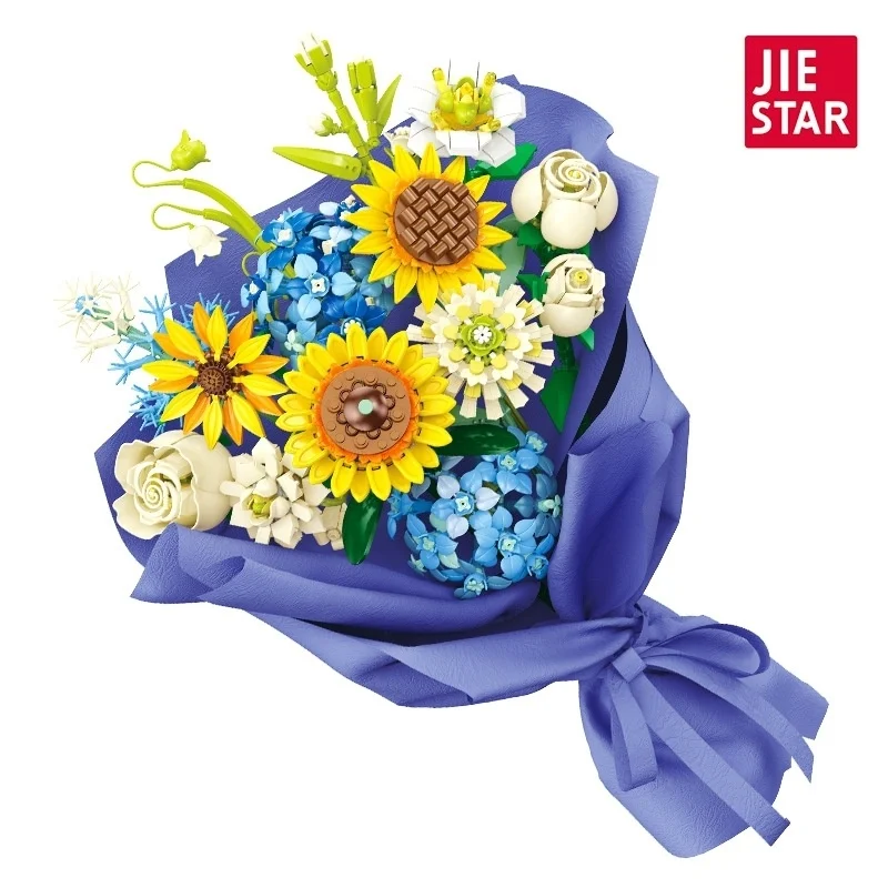 JJ9196 Small Particle DIY Assembly Sunflower Building Blocks Flower Series Creative Desktop Decoraiton Toys For Children Adult