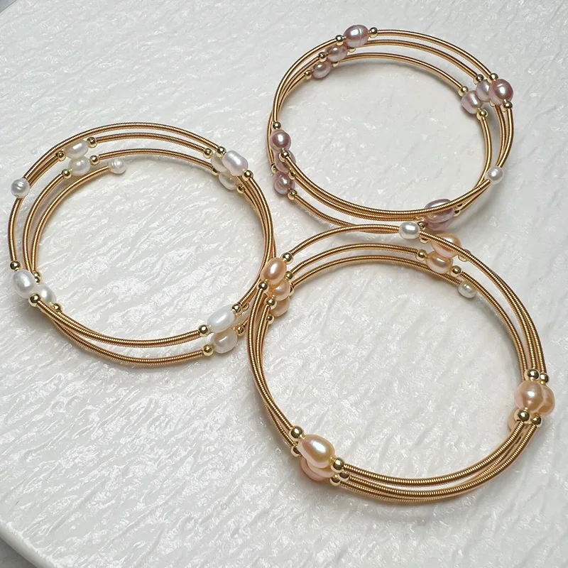 Natural Freshwater Pearl Bangle Rice‑Pearl Style 3 Colors Available Color‑Retaining Women Handmade Pearl Bracelet Jewelry Gift
