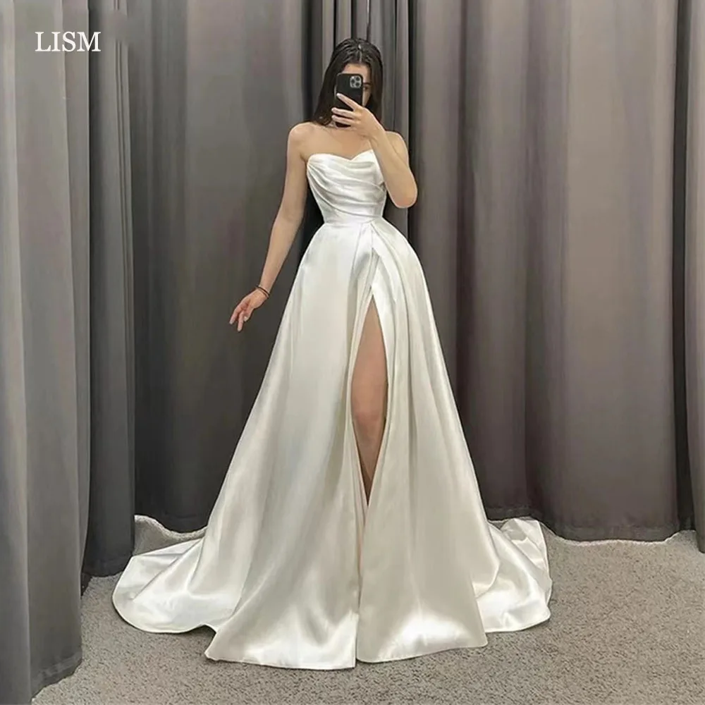 

LISM Simple A-Line Wedding Dresses Strapless High Side Split Bridal Gowns Elegant Pleats Sweetheart Wedding Party Gowns vestido