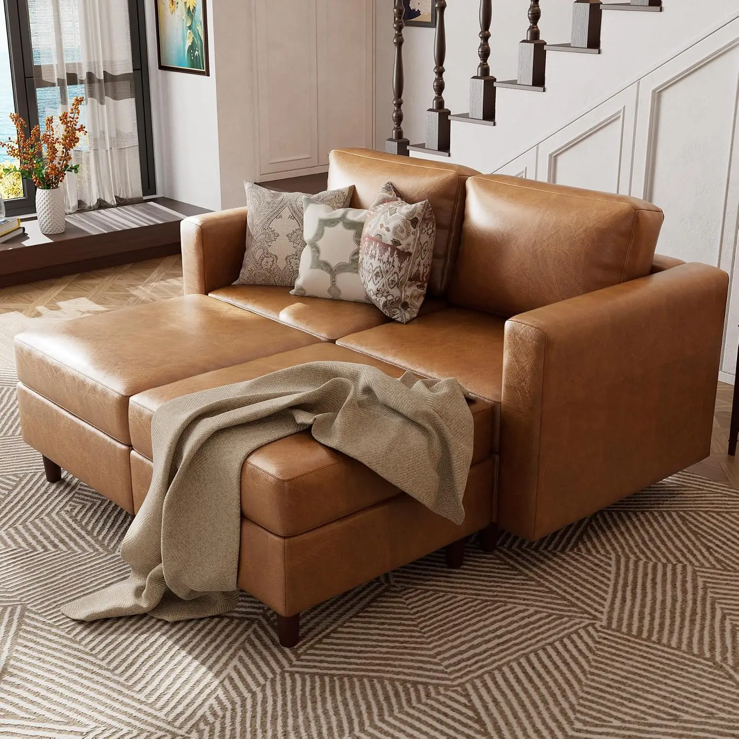 Faux Leather Loveseat Sleeper With Storage Seat, 64.6