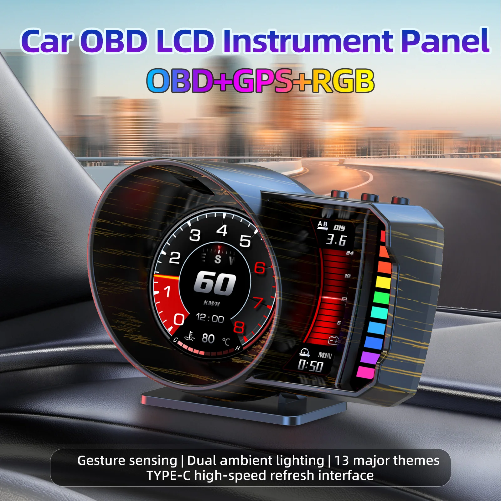 P28 On-Board Computer Car GPS Speedometer OBD2 GPS RGB Digital HUD Display Turbo RPM Temperature With Overspeed Alarm