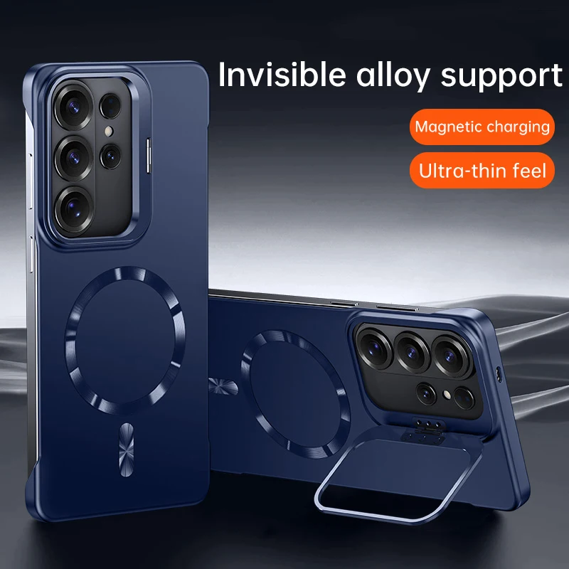 Metal Camera Stand Ultra Thin Frameless Magnetic Phone Case For Samsung Galaxy S25 S24 S26 Ultra Plus FE For Magsafe Matte Cover