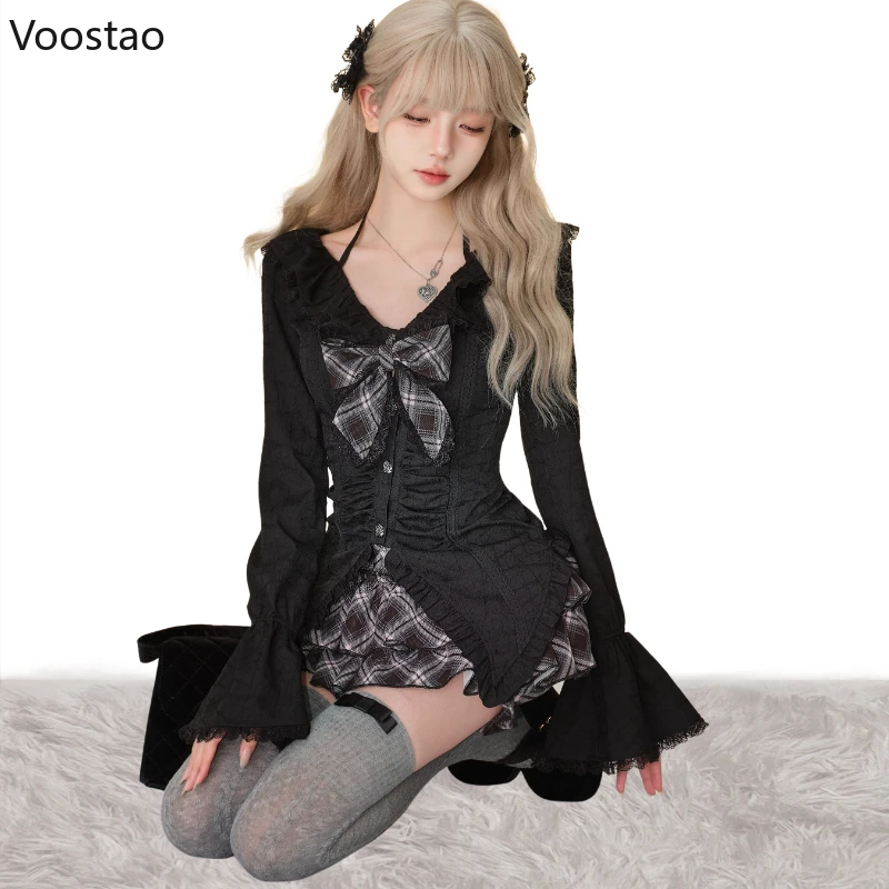 Y2k Aesthetic Lolita Style 3 Piece Set Women Kawaii White Camisole Bow Long Sleeve Tops Plaid Mini Skirt Japan Gothic Skirt Suit