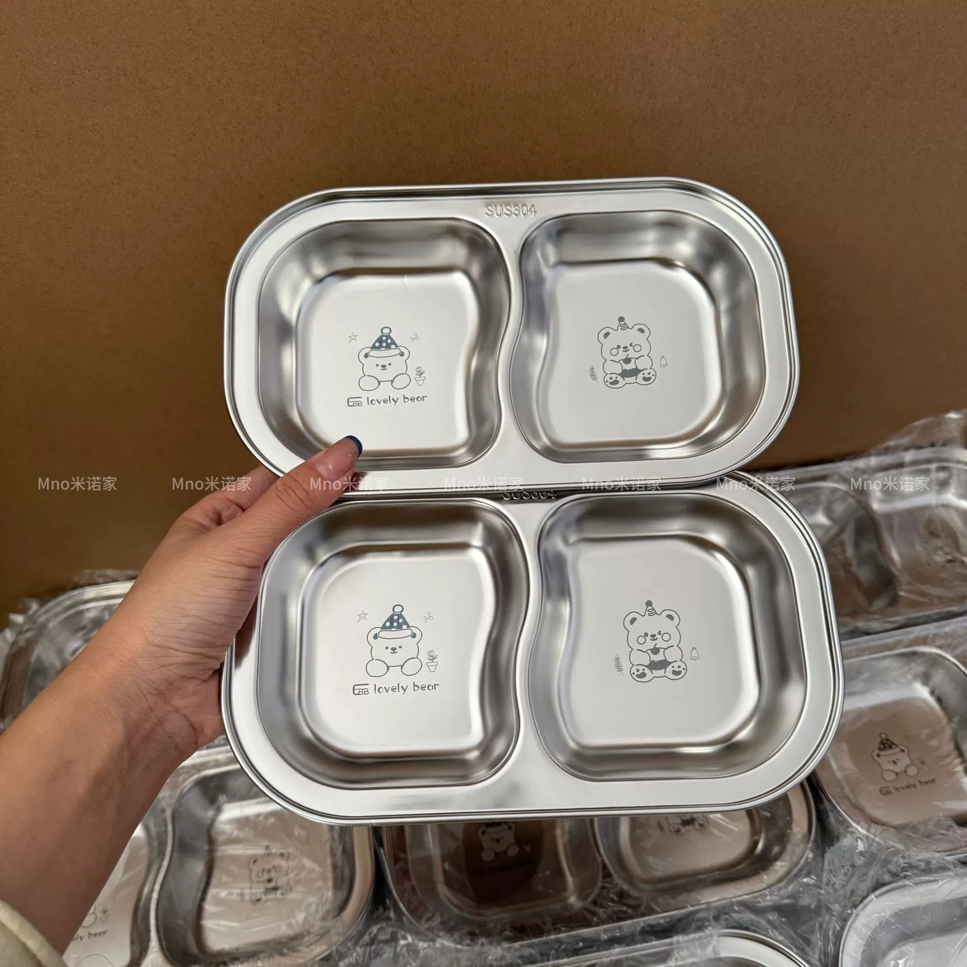 Stainless Steel 304 Food Grade Compartment Plate 2 Sections Cute Bear Design Sauce Dish Fruit Snack Baby Food Plate Household