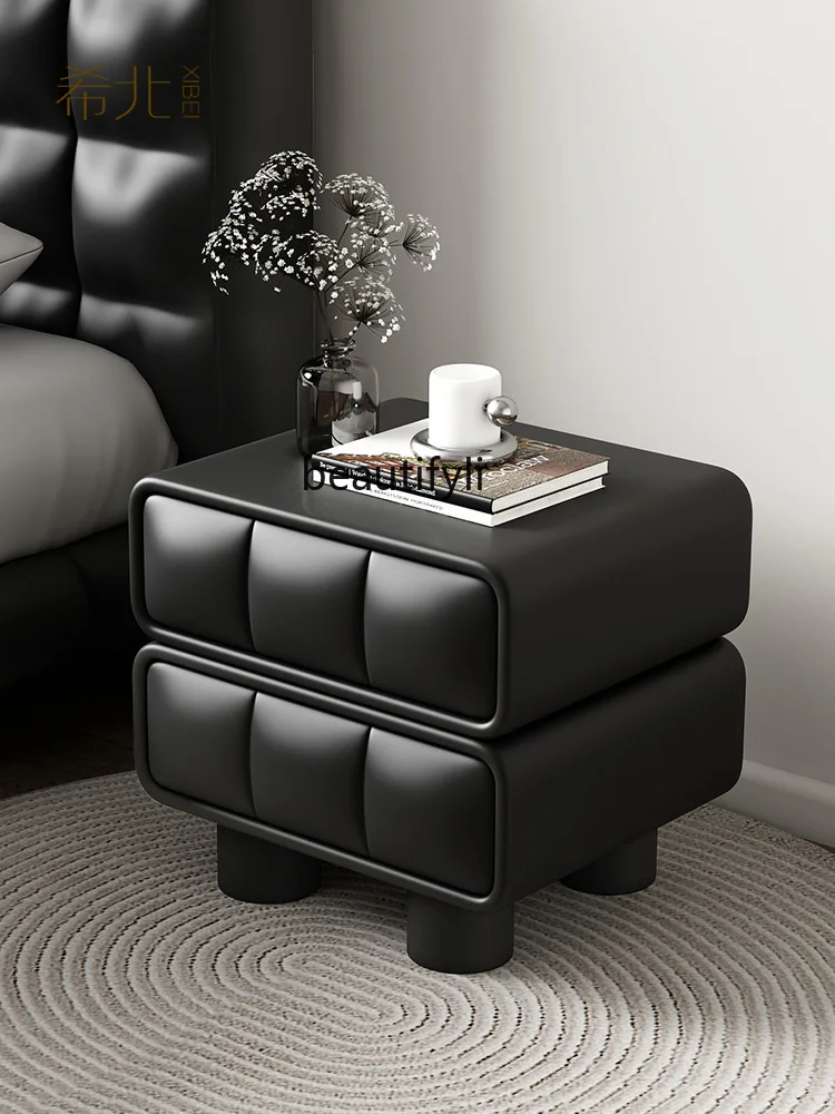 Light Luxury High-Grade Bedroom Drawer Italian Minimalist Black Leather Personality Designer Bedside Cabinet