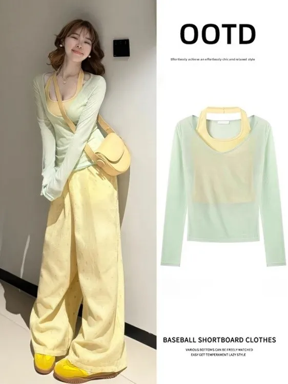 Mint een Lightweight awl Women's Sunscreen Dopane Strap Two-Piece Set Initial Autumn Outfit Long Sve Commute Sle