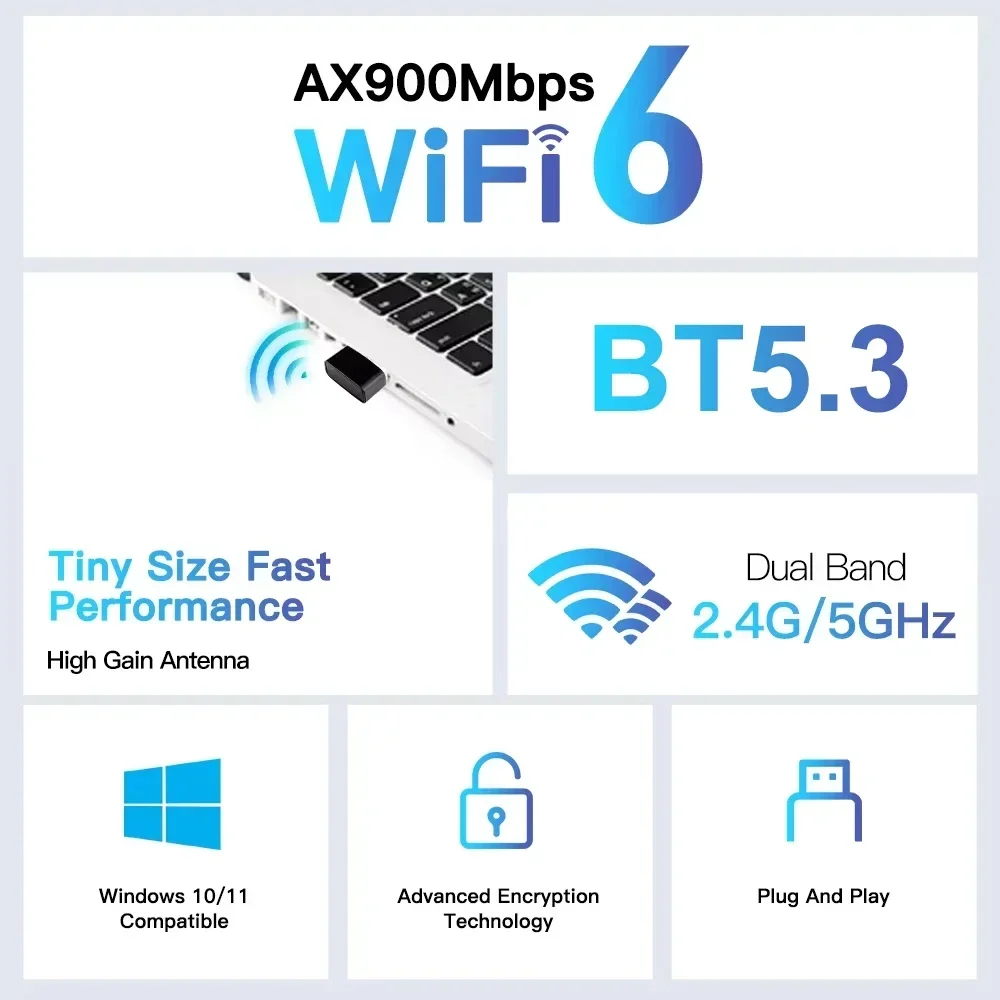 بطاقة شبكة USB صغيرة WiFi 6 2 في 1 BT 5.3 دونغل 2.4G 5G 802.11AX استقبال إشارة لأجهزة الكمبيوتر المحمول Win 7/10/11 Drive مجانًا