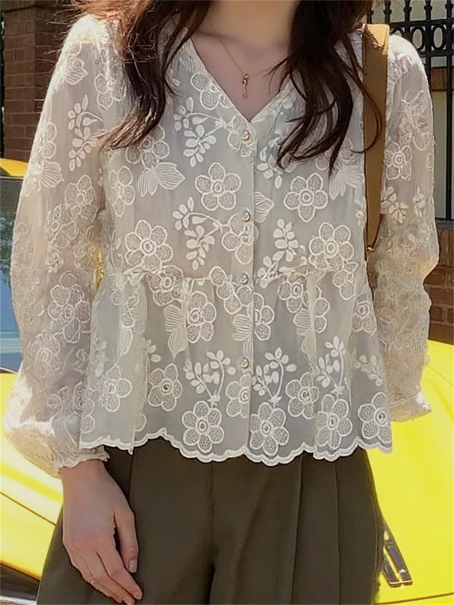 

Elegant Shirts Women Short Sleeve Chiffon Button-Up Blouse with Lace-Up Details and Puff Sleeves for Formal Party Occasions