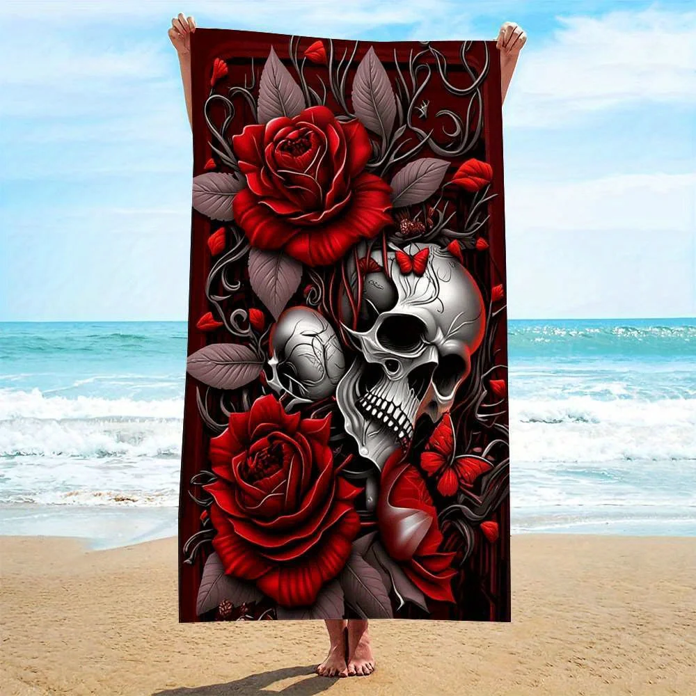 Red Rose and Skull Art Beach Towel, Gothic Floral Design Quick-Dry Sand-Free Microfiber Bath Towel for Beach and Summer Pool