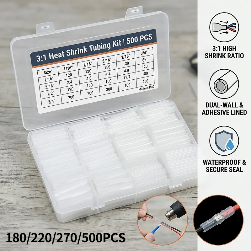180/220/270/500PCS 3:1 Heat Shrink Tube Shrinking Assorted Polyolefin Insulation Sleeving Wire Cable Sleeves Wrap Pre-Cut