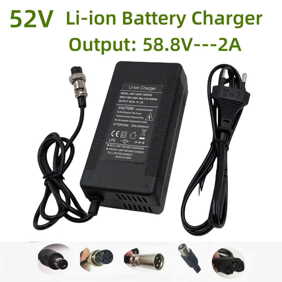 شاحن 58.8V 2A مع قابس GX16-3 Pin DC5.5 XLR، محول طاقة لبطارية Li-ion 52V، مدخل 100-240V