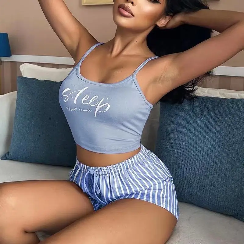 Women Y2K Shorts Set Pajamas Set Crop Cami Top Bodycon Striped Shorts Lounge Summer 2Pcs Outfit Sets Girls Sleepwear Pajamas Set