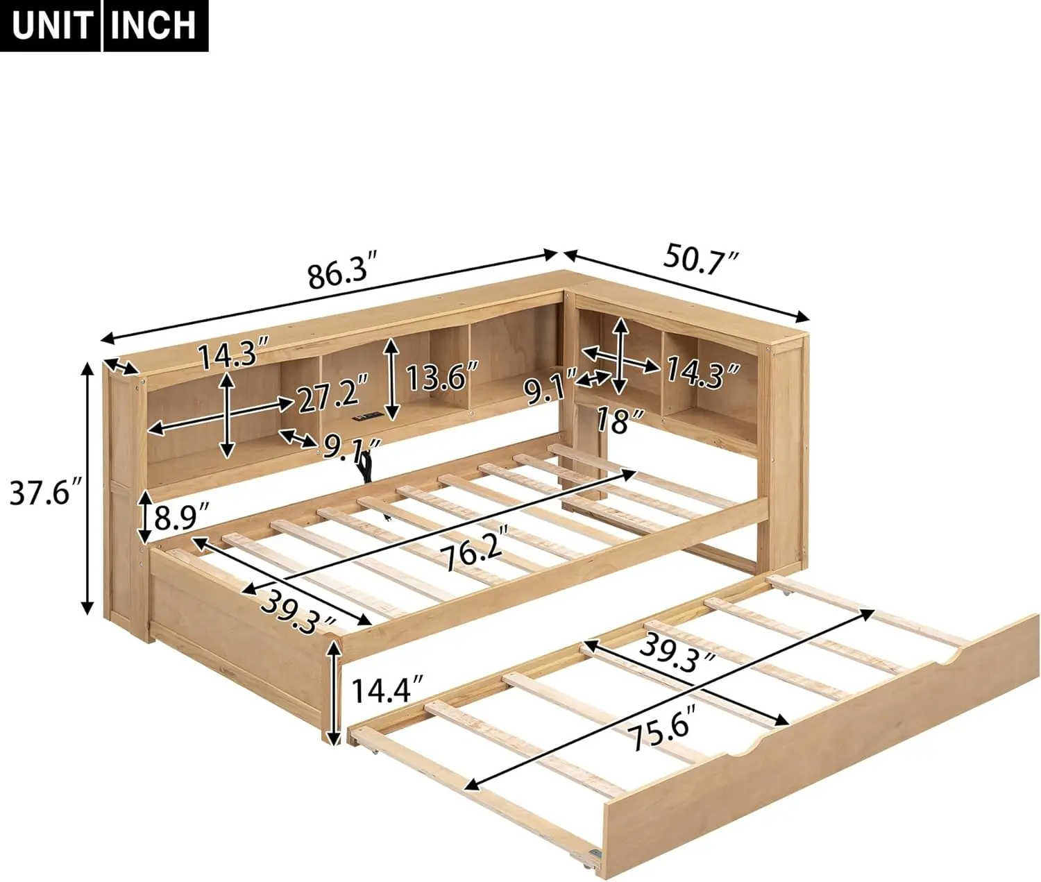 Daybed kayu ukuran ganda dengan Trundle, Daybed dengan lemari penyimpanan dan port Usb, Daybed untuk anak-anak, anak laki-laki dan perempuan (kayu)