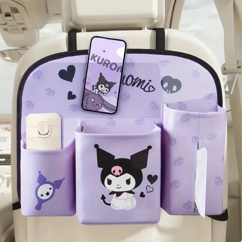 

Cute Sanrio Kuromi Car Seat Back Organizer with 3 Pockets Cartoon Storage Bag for Phones Tissues Water Bottles Store
