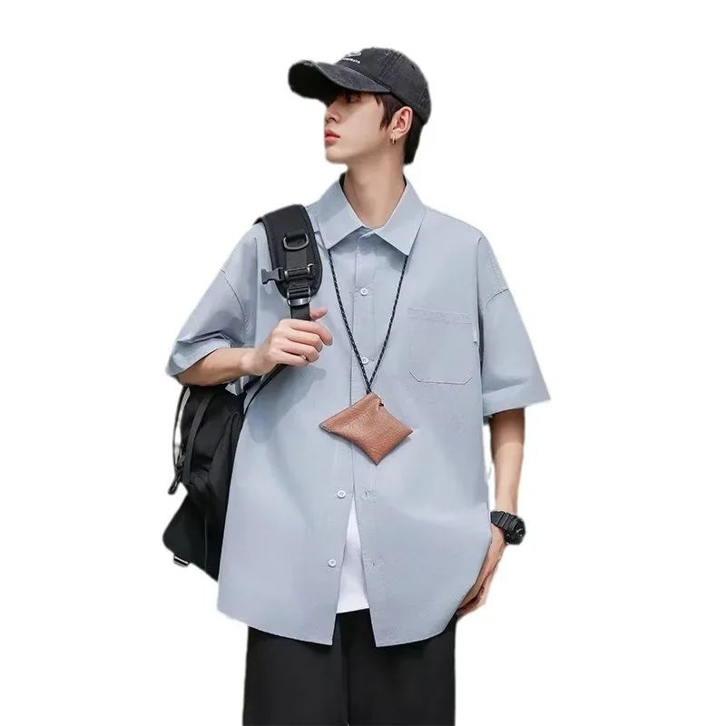 남성용 일본 복고풍 솔리드 컬러 반팔 셔츠 여름 한국 얇은 느슨한 캐주얼 셔츠 코트 Y2k 남성 의류