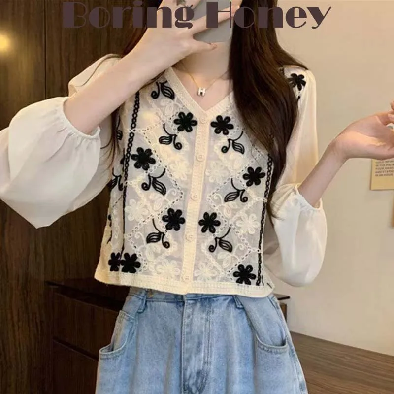 

Boring Honey Summer Mesh Design Sense T-Shirt Embroidery Lace Stitching Cardigan Retro Hollow Out Crocheted Sunscreen Top Women