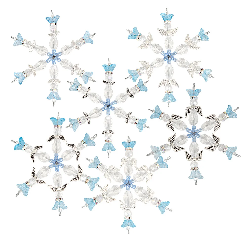 1 Box 6 Pack Glass Snowflake Ornaments Beaded Snowflake Christmas Ornament Craft Kit Blue Pink Iron Wire Snowflakes Hanging