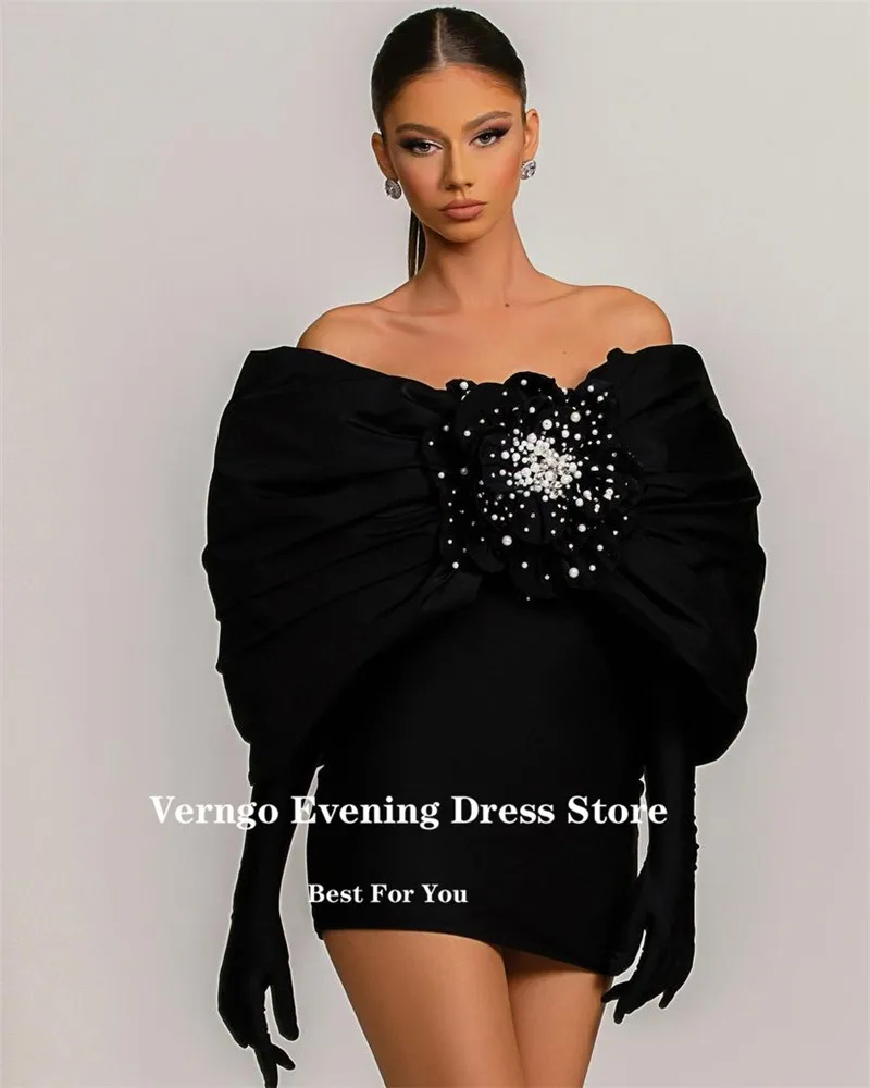 Verngo Off the Shoulder Black Velvet Short Party Evening Dresses Puff Long Sleeves Gloves Pearls Cocktail Dress Customized