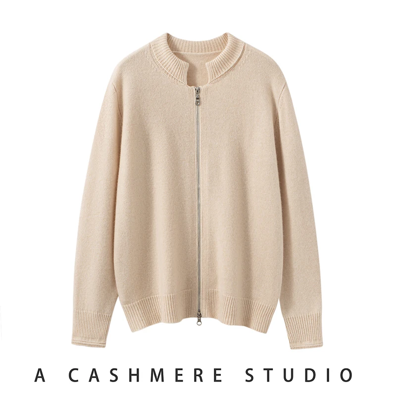 Autumn Winter Women Cashmere Zipper Sweater Shell Collar Cardigan 100% Cashmere Knit COS Style Warm Loose Popular Top Coat