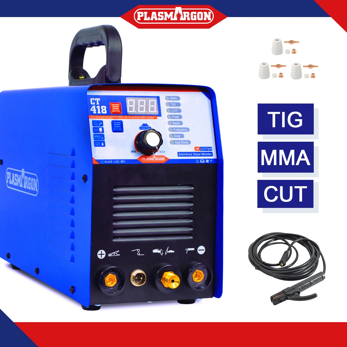 CT418 TIG/ MMA/CUT TIG Welder, Inverter 3 in 1 Welding Machine,180A TIG/ MMA 40A CUT ,Portable Multifunction Welding Equipment