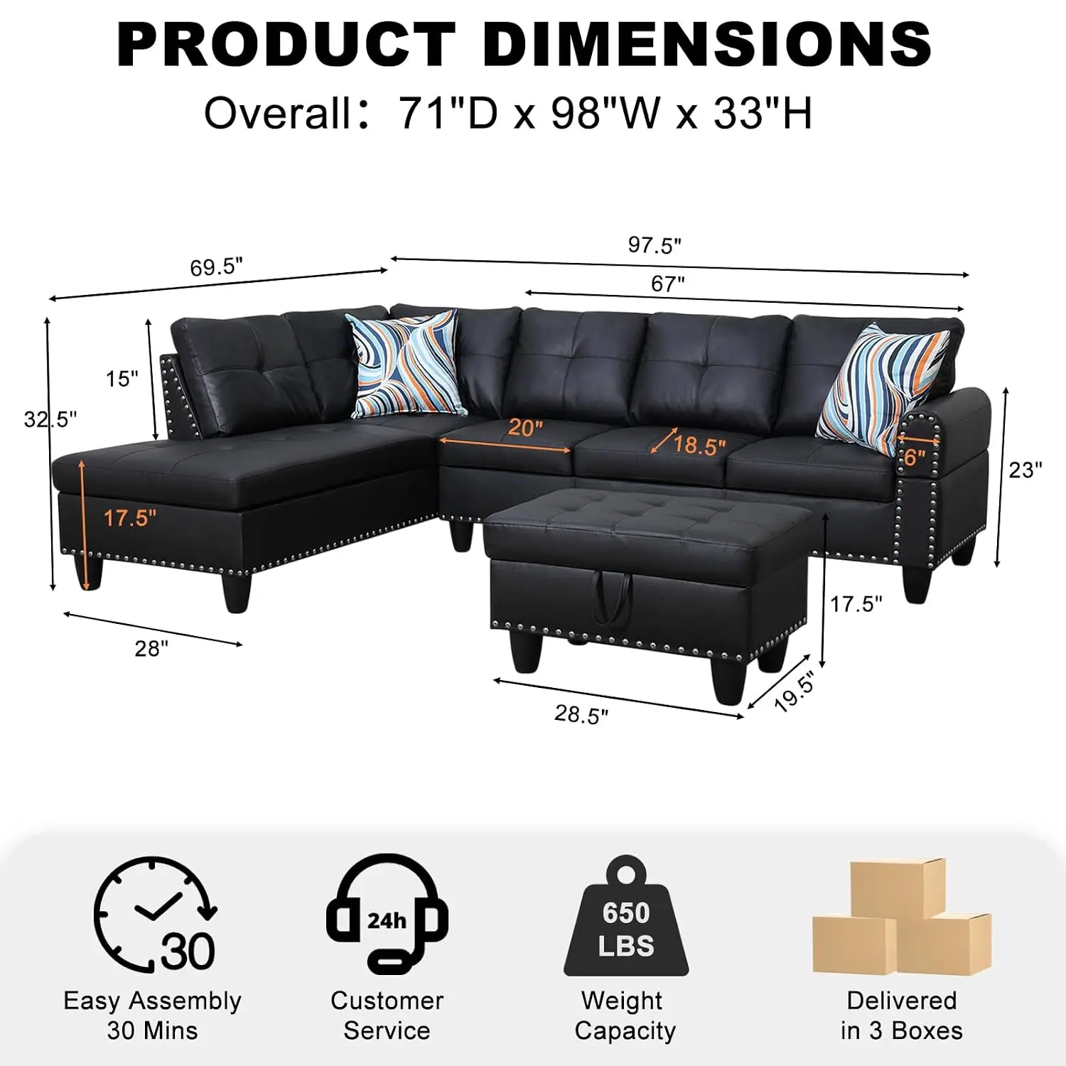 Sectional Sofa Couches for Living Room, 98