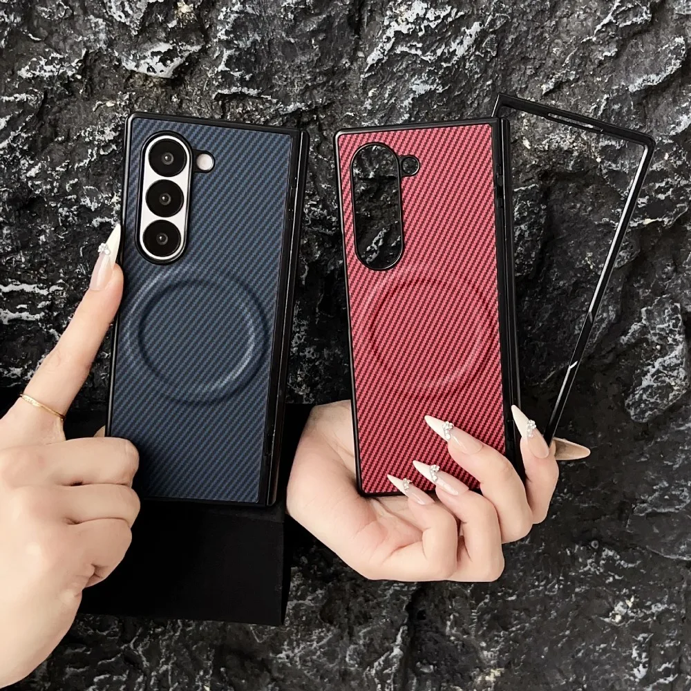 Luxury Carbon Fiber Magnetic Hinge Phone Case For Samsung Galaxy Fold 8 Ultra 7 6 5 4 Wireless Charging Shockproof Bumper Cover
