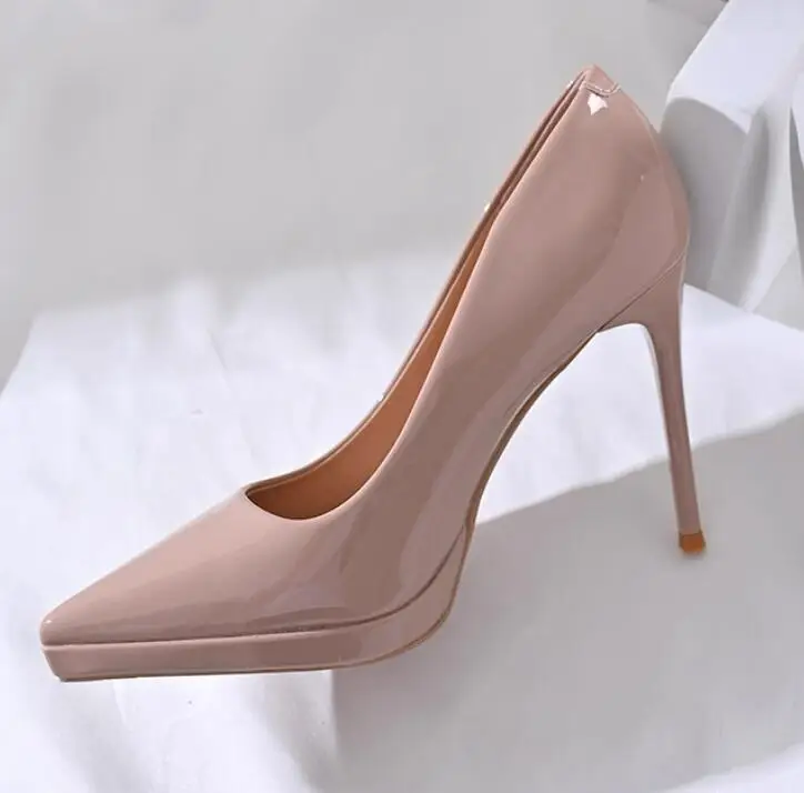 

Сексуальные блестящие кожаные туфли-лодочки на маленькой платформе и высоком каблуке 11 см, женские туфли без шнуровки с острым носком, Zapatos
