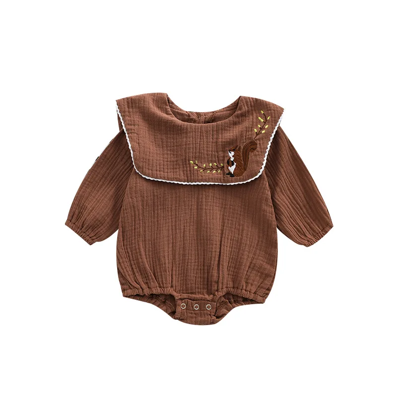 Korean Style Kids Baby Girls\' Cotton O-neck Ruffles Deer Embroidery Romper INS Newborn Infant Soft Triangle Bodysuit Trendy