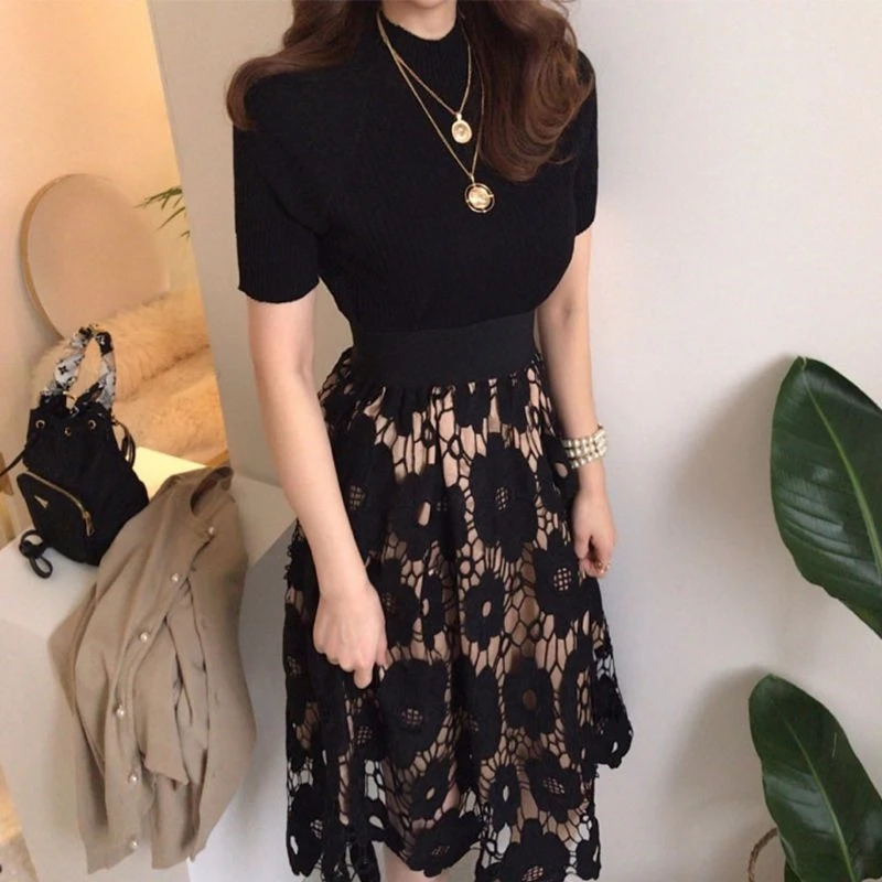 봄 가을 여성 패션 a 라인 스커트 높은 허리 미디 스커트를위한 탄성 허리가있는 우아한 다목적 레이스 하프 스커트