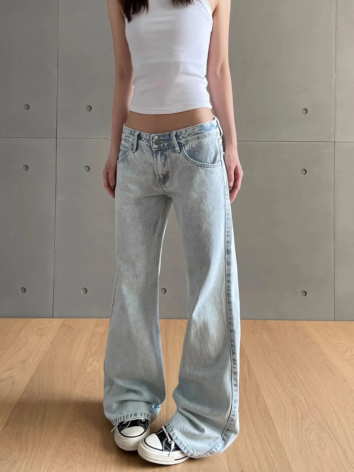 y2k Vintage Damen Jeans Niedrige Taille Reißverschluss Knopf Solide Hose mit Taschen Ästhetische Streetwear Gewaschene Jeans