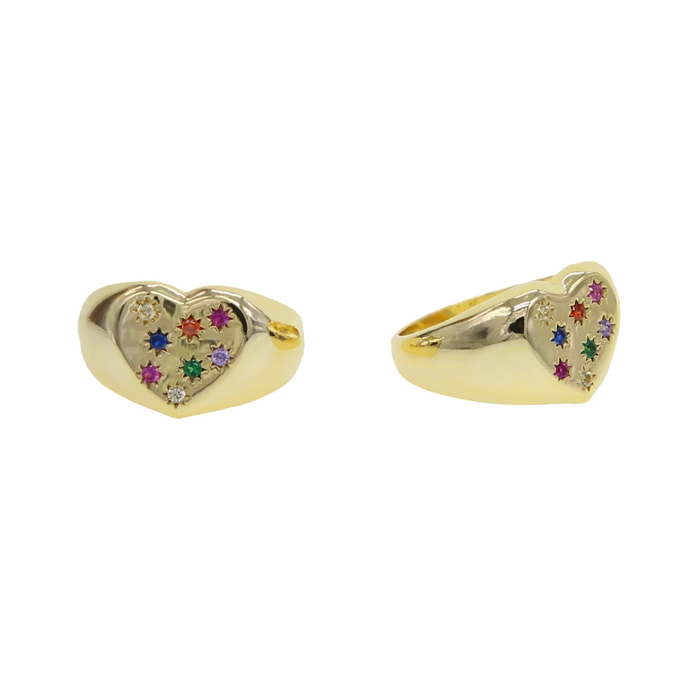 Heart shape star signet ring Gold color filled fashion european women rainbow cz inset engagement rings