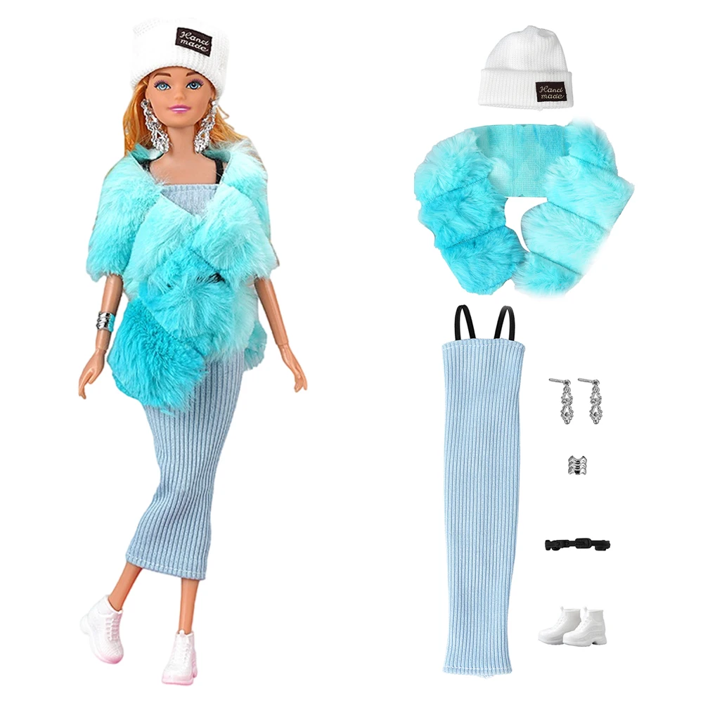 NK Official 1 Set Casual Clothing For Barbies Doll Clothes Blue Plush Overcoat Outfit Princess Dress Fashion Suit Girl Gift JJ