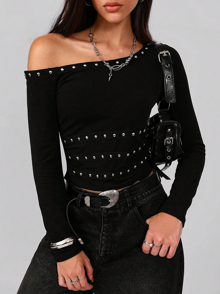 

2026,New,European,Clothes,T-Shirt,Fashion,Sexy,Skew collar,Shiny,Nail drill,Women,Tops,Long Sleeve,All Match,Slim,Tees,511014