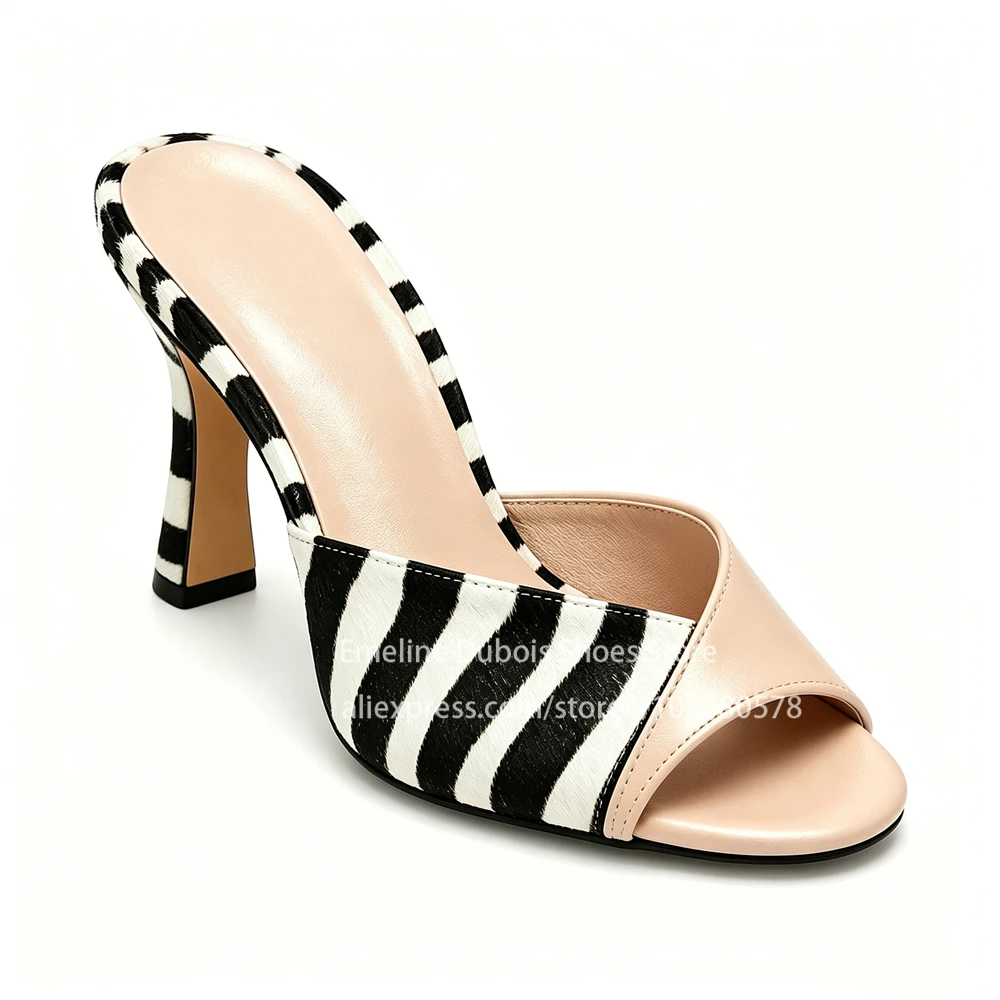 Zebra Print Peep Toe Mid Heel Mules Women Patent Leather Trim Kitten Heel Slippers Slip on Retro Streetwear Party Casual Shoes view 4