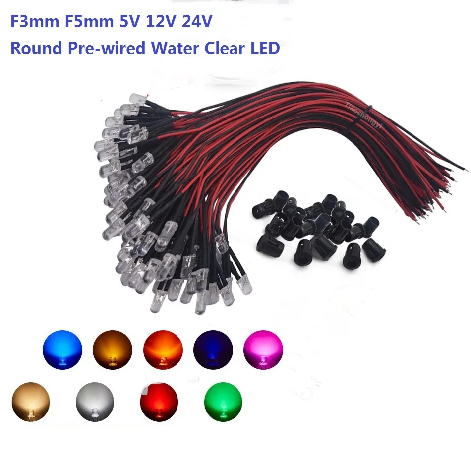 10-50szt 3mm 5mm Okrągła dioda led DC5V 12V 24V Wstępnie okablowane diody elektroluminescencyjne Czerwony Zielony Niebieski Biały Żółty UV RGB