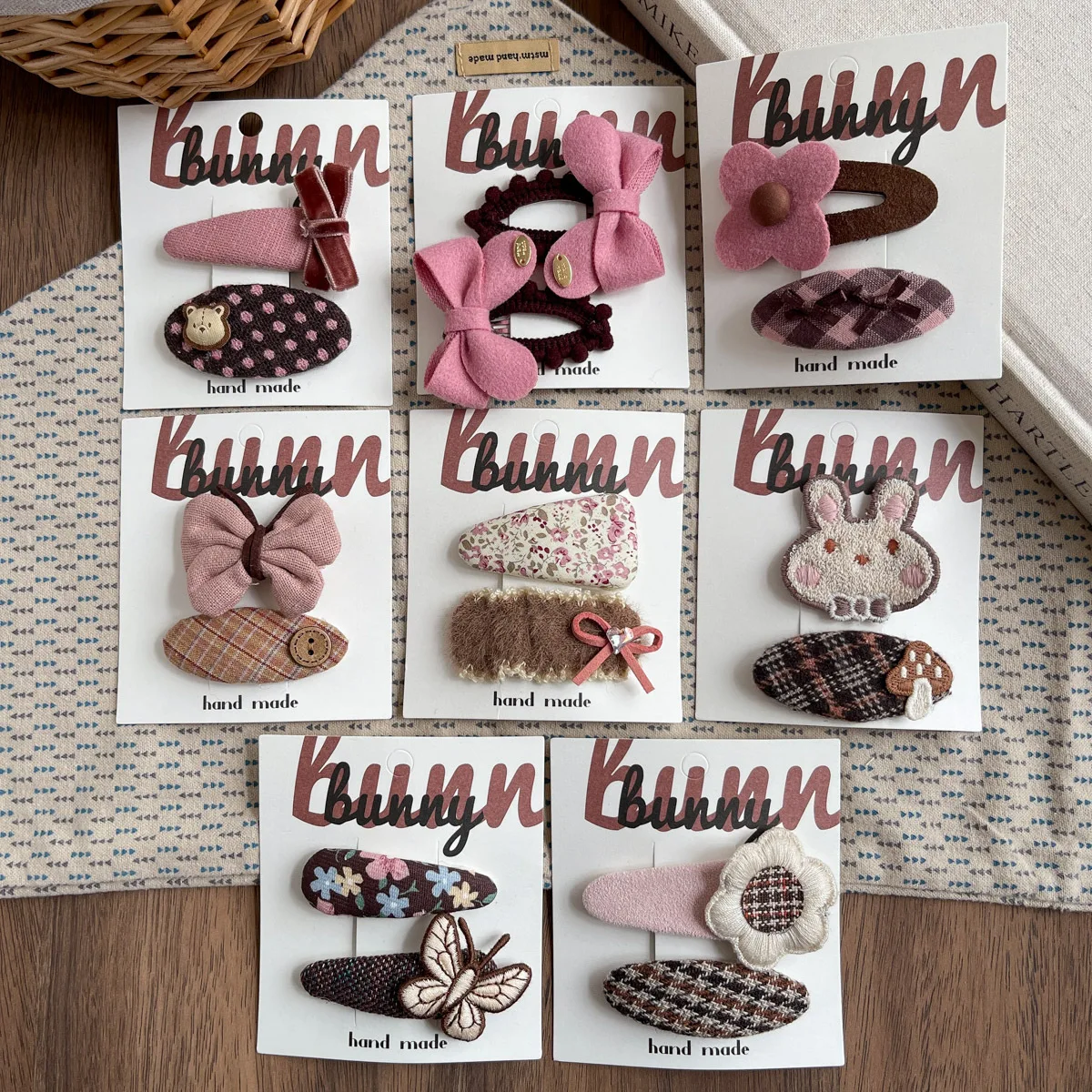 مشابك شعر من القماش الكوري مكونة من قطعتين من مشابك الزهور على شكل فيونكة باللون الوردي والبيج للفتيات والأطفال وإكسسوارات الشعر اللطيفة