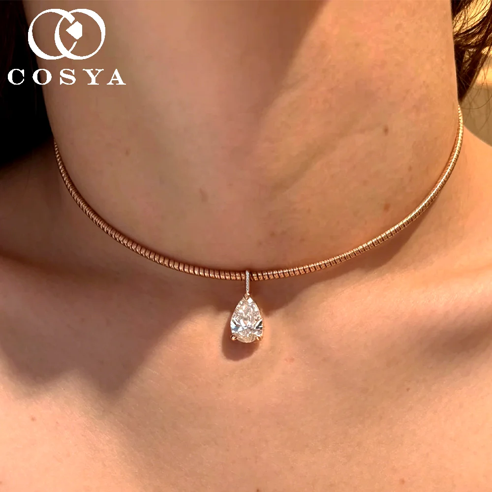 

COSYA 2/3CT Pear Cut Moissanite Chokers Necklace S925 Silver Solitaire Waterdrop Diamond Pendant Collar Chain Fine Jewelry Gift