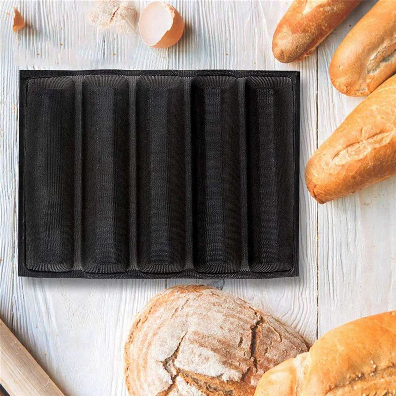

N04R 6Pcs Silicone Perforated Baking Forms Sandwich Mold French Baguette Bread Pan Food Mat 5 Loaf Non-Stick Baking Liners