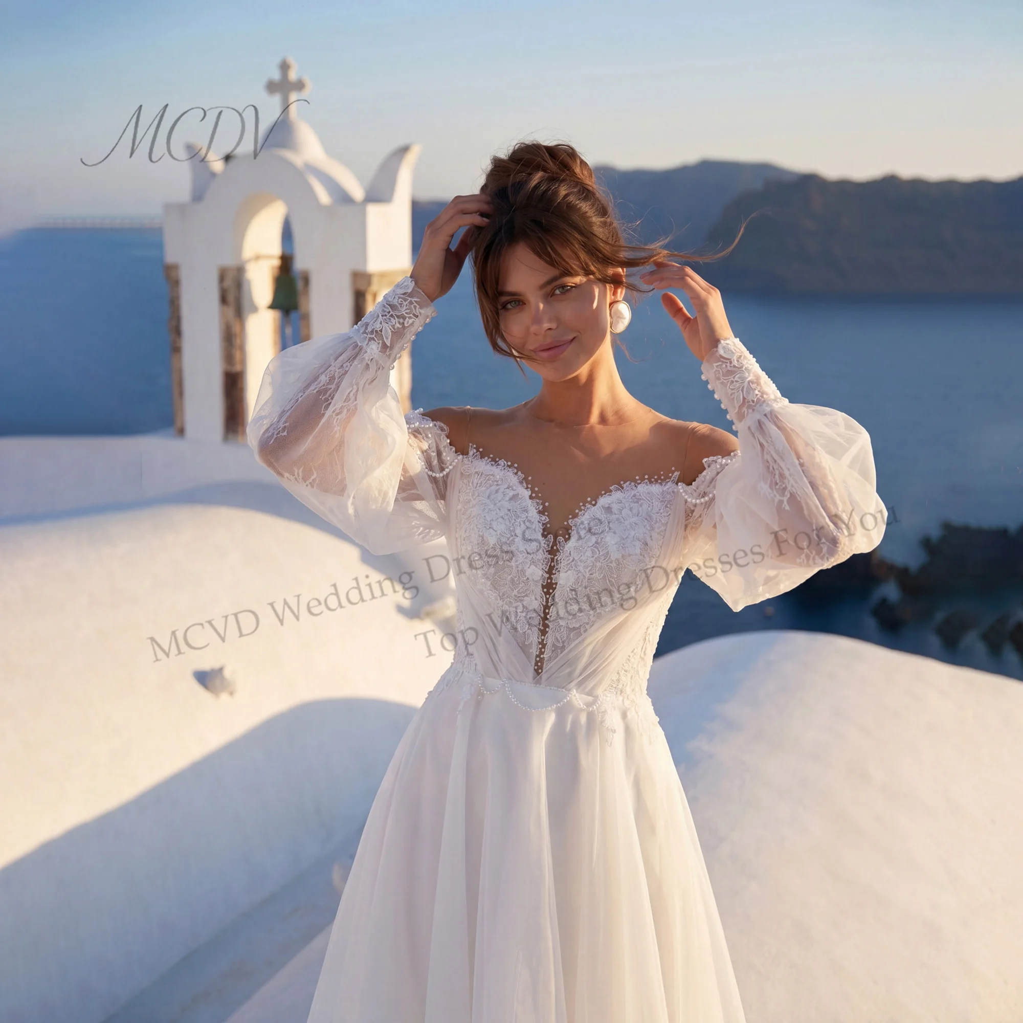 Beaded Wedding Dresses Flowers O-Neck Applique Lace Midi Bride Party Gowns A-Line Backless Civil Marriage Dresses Customized