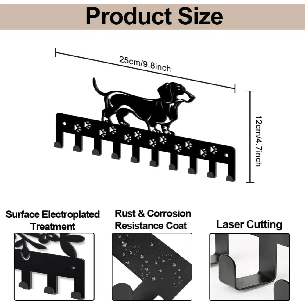 Dachshund Coat Rack Wall Mount Metal Dog Paw Print Key Hook 9.8×4.7inch Pet Animal Coat Hook with 10 Hooks Black Dog Leash Wall