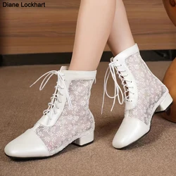 Summer Roman Lace Up Shoes Women Sandals Sexy Mesh Cut-Outs Round Toe Low Heel Booties Woman Black Beige Ladies Short Boots