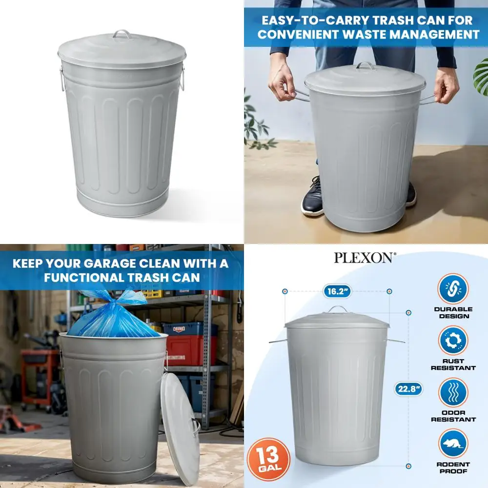 

Vintage 13 Gallon Metal Outdoor Trash Can with Lid, Retro Farmhouse Style Garbage Container, Old School Modern Design