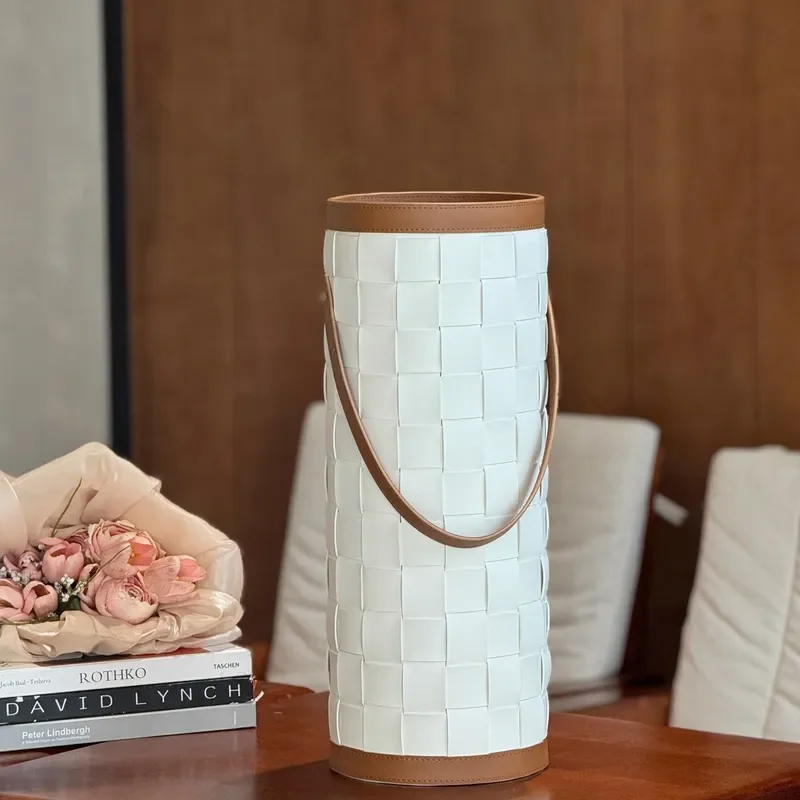 Modern Woven Leather Umbrella Stand Minimalist Home Storage Bucket Creative Hanging Tube for Entryway Hallway Door