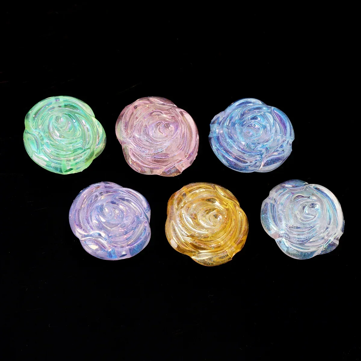 6pcs Random Color 1.7cm Iridescent Transparent Rose Flower Acrylic Beads for DIY Necklace Bracelet Craft Supplies