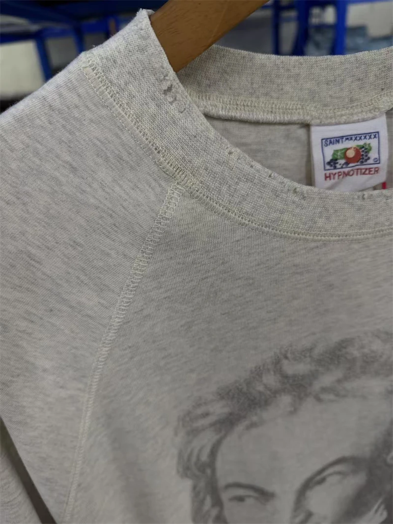 Summer Saint Hand Drawn Portrait Pattern Printed Washed Vintage High Street Casual Loose Short Sleeved Cotton Versatile T-shirt
