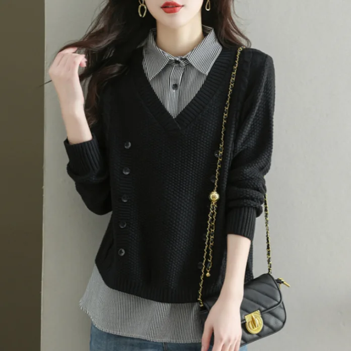 Women Fake Two Piece Sweater Vest 2026 Autumn V-Neck Striped Shirt Patchwork Knit Pullover Loose Casual Tops Sueter Mujer Robe