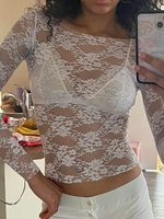 New Women Crop Floral Lace Tops Sheer Long Sleeve Basic Shirt Fitted Pullover For Club Streetwear Aesthetic Grunge Clothes S M L